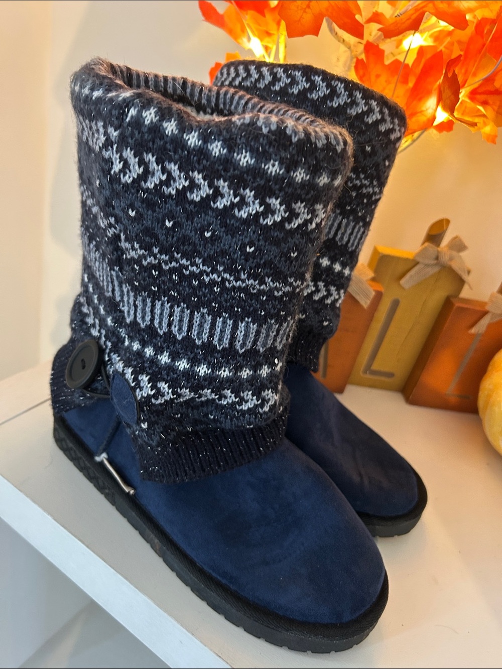 Women's Navy Knit-Top Winter Boots